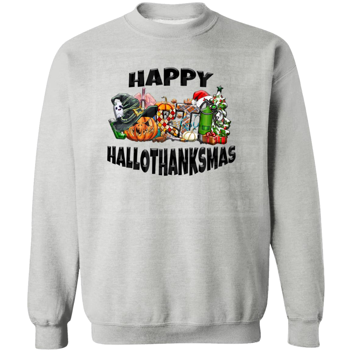 Happy Hallothanksmas Respiratory Therapy Gildan Crewneck Pullover Sweatshirt-TD Gift Solutions.com