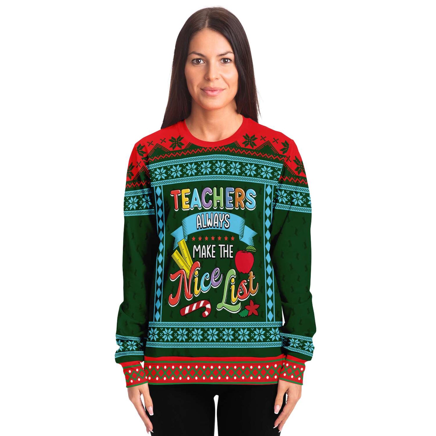 Ugly Christmas Sweatshirt | Teachers Always Make The Nice List Ugly Christmas Sweatshirt-TD Gift Solutions.com