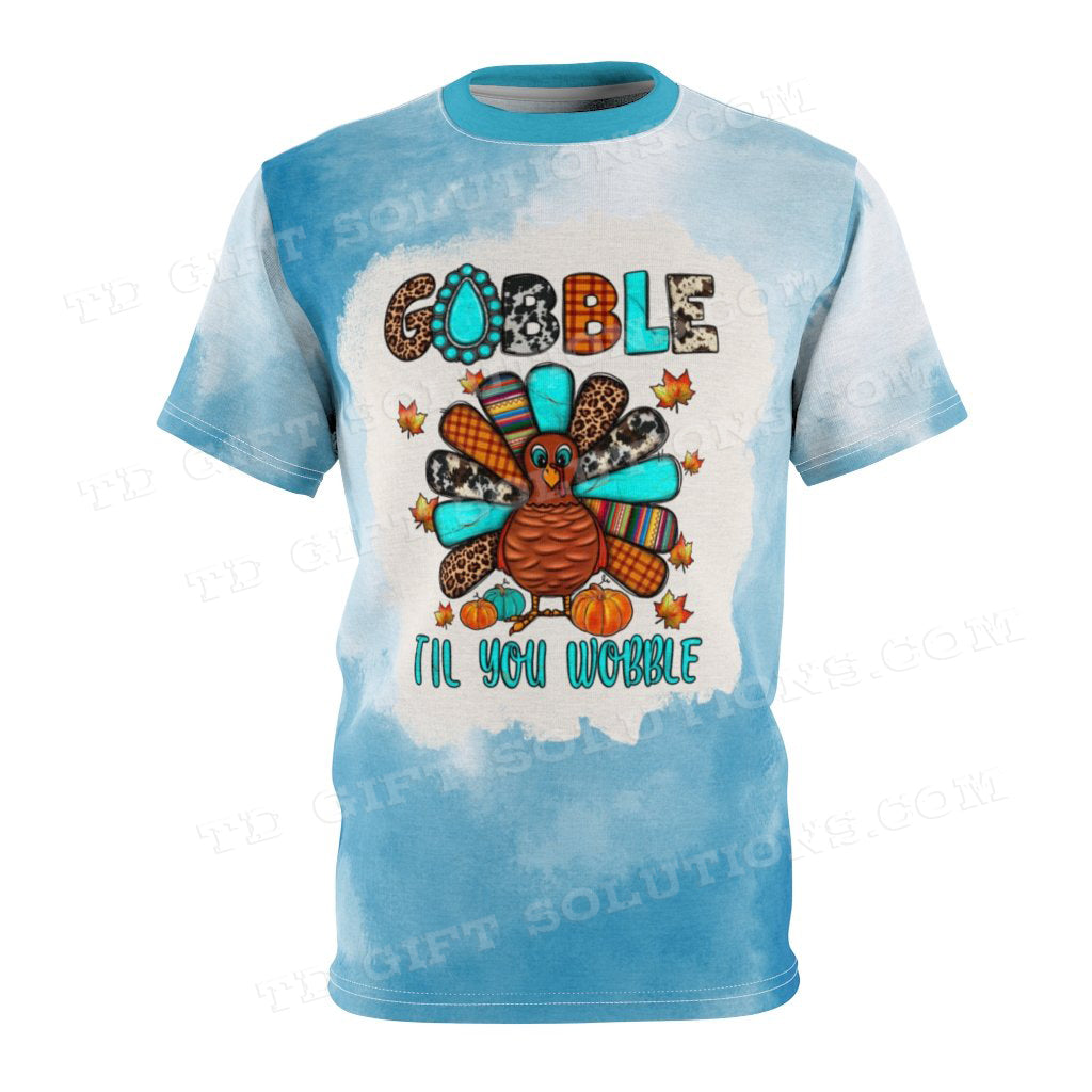 Thanksgiving Shirts Funny | Blue Tie Dye Look Gobble Till You Wobble AOP T-Shirt-TD Gift Solutions.com