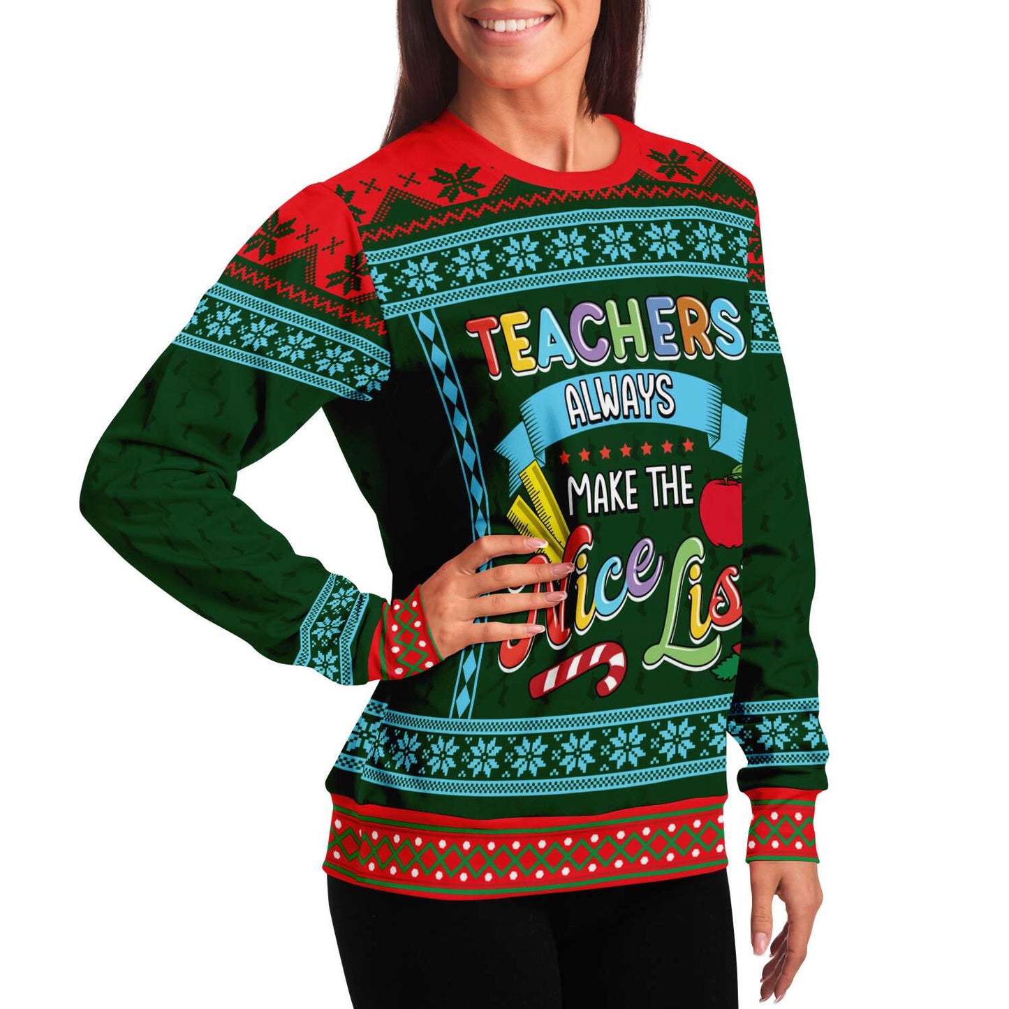 Ugly Christmas Sweatshirt | Teachers Always Make The Nice List Ugly Christmas Sweatshirt-TD Gift Solutions.com